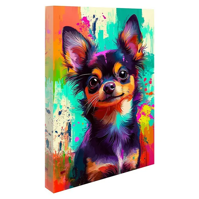 Cuadro Chihuahua - Chihuahua, An x Al: 100 x 140 cm, 1 pzs. - Vibrante arte en lienzo de chihuahua con coloridas salpicaduras de pintura que resaltan la personalidad de la mascota, ofreciendo un toque de arte moderno.