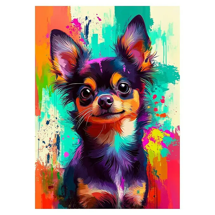 Cuadro Chihuahua - Chihuahua, An x Al: 100 x 140 cm, 1 pzs. - Obra de arte colorida de un chihuahua, que aporta un toque vibrante de color a cualquier espacio con trazos animados y salpicaduras dinámicas.