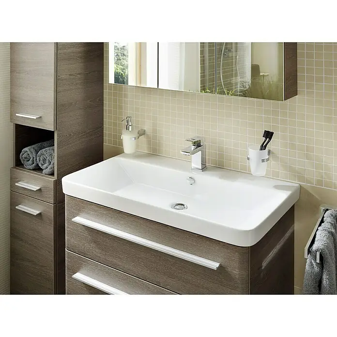 Lanzet Modern 3.0 Einbauwaschbecken - 80 x 46 cm, Weiß - Badezimmer-Waschtischkombination in Holzoptik mit weißem Waschbecken, Armatur, Seifenspender und Handtuchhalter.