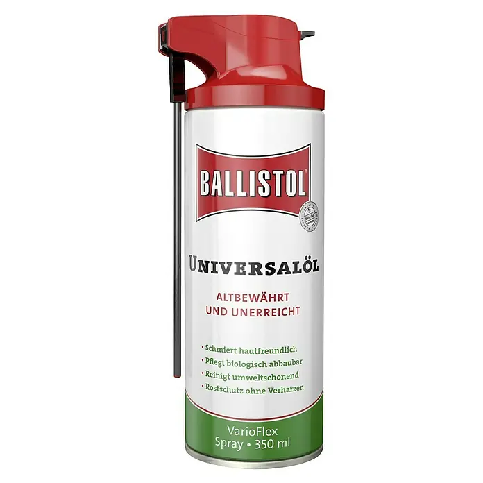 Ballistol Universalöl VarioFlex - 350 ml, Spray - Dose Ballistol Universalöl, ein vielseitiges Öl für Reinigung, Pflege und Schutz, mit den Aufschriften in Rot und Grün.