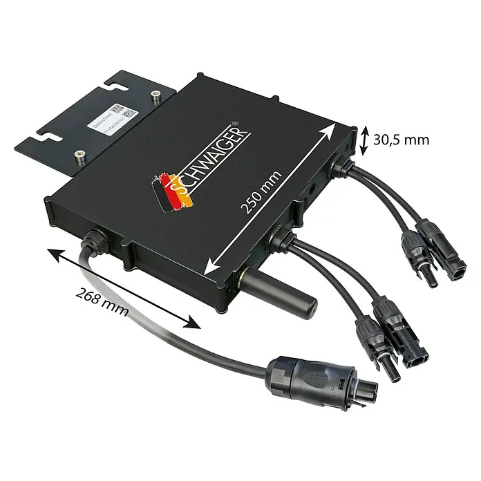 Schwaiger Wechselrichter - 800 W - Produktansicht des SCHWAIGER Wechselrichters mit Kabeln und den Abmessungen 268 x 250 x 30,5 mm.