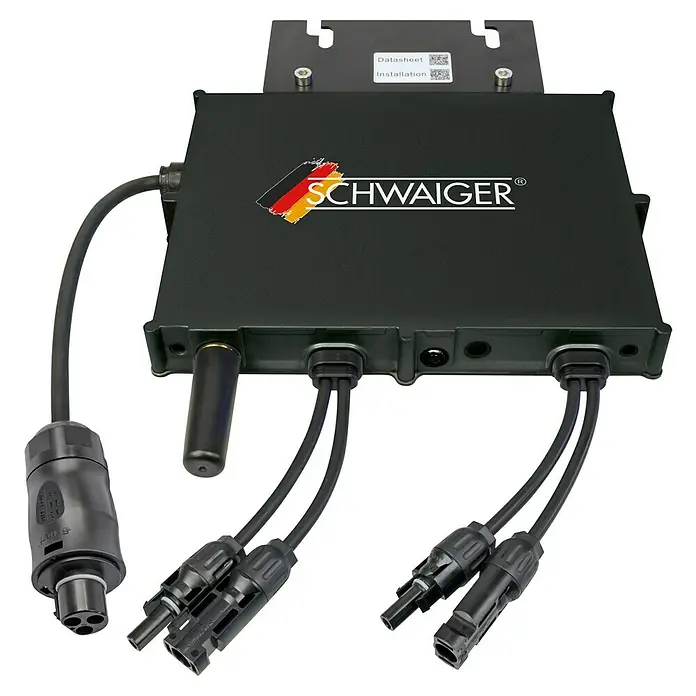 Schwaiger Wechselrichter - 800 W - Produktansicht des SCHWAIGER® Wechselrichters, ein Gerät zur Umwandlung von Solarstrom, mit Kabeln und Anschlüssen.