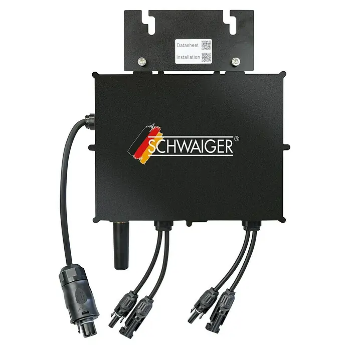 Schwaiger Wechselrichter - 800 W - Bild eines schwarzen Schwaiger-Produkts, wahrscheinlich ein elektronisches Gerät, mit Kabeln und Anschlüssen. Es zeigt das Logo und die Marke.