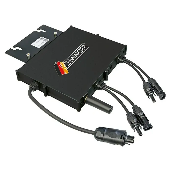 Schwaiger Wechselrichter - 800 W - Produktansicht des SCHWAIGER Wechselrichters. Der Wechselrichter ist schwarz und hat mehrere Kabelanschlüsse.