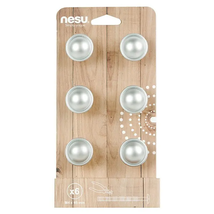 Nesu Pomo para muebles 13317 6 uds. - 6 ud., Ø x Al: 29 x 23 mm, Acero, Cromado - Un paquete de seis pomos redondos de color plateado de nesu, ideales para muebles o decoración, presentados en un embalaje con efecto madera.