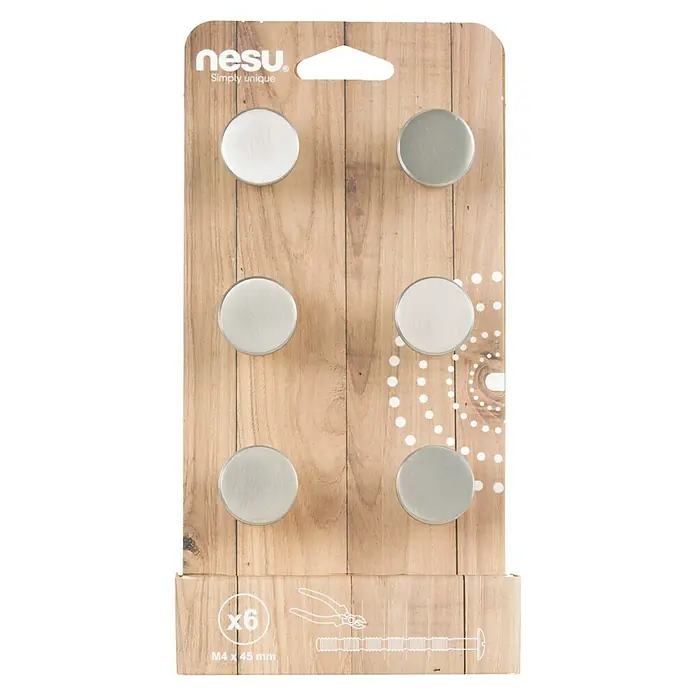 Nesu Pomo para muebles 34725 6 uds. - 6 ud., Ø x Al: 25 x 25 mm, Acero - Primer plano de un paquete de pomos para muebles Nesu en tonos de blanco y gris. Seis pomos están unidos a un embalaje tipo tablero de madera.