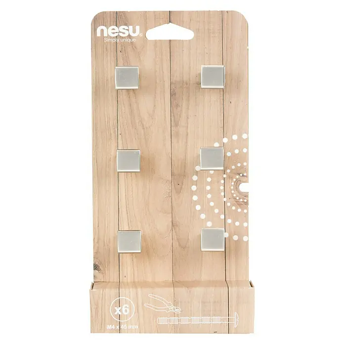 Nesu Tirador para muebles 3351 6 uds. - L x An x Al: 1,5 x 1,5 x 2 cm, Acero, Niquelado - Primer plano del embalaje de un armario de pared "nesu." con seis ganchos cuadrados, tornillos y alicates.