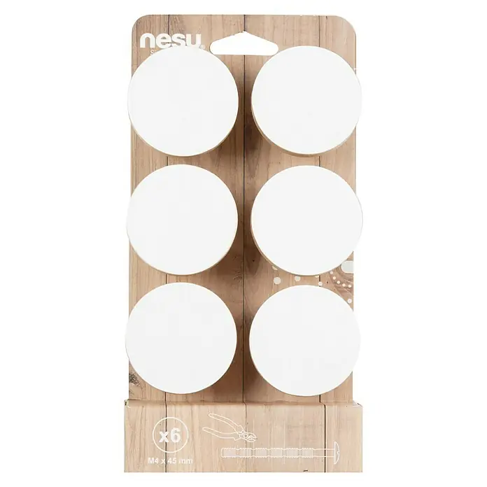 Nesu Pomo para muebles Círculo blanco 6 uds. - Ø x Al: 80 x 27 mm, Madera - La imagen muestra un paquete de pomos para muebles Nesu, 6 unidades, blancos, con tornillos M4 x 45 mm, ideales para personalizar muebles.