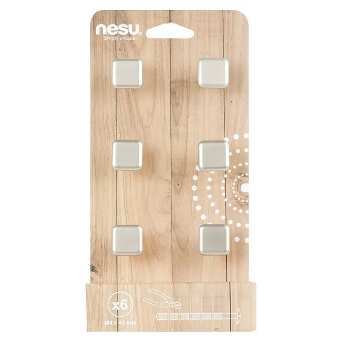 Nesu Tirador para muebles 3202 6 uds. - L x An x Al: 20 x 20 x 20 mm, Acero, Niquelado - Primer plano de un paquete de seis colgadores de pared cuadrados plateados de Nesu, presentados sobre un fondo con textura de madera.