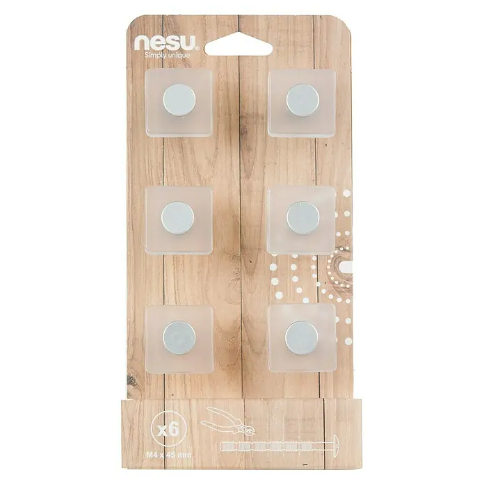 Nesu Tirador para muebles 621HI 6 uds. - L x An x Al: 3 x 3 x 2,6 cm, Plástico - Un blíster con seis colgadores adhesivos cuadrados y transparentes de nesu, cada uno con un pomo de color plateado.