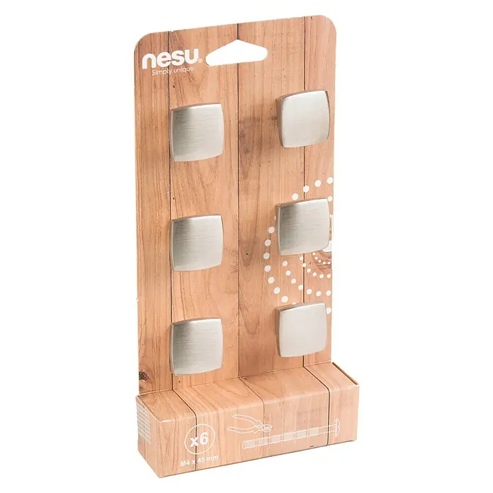 Nesu Tirador para muebles B6-28716-1 - L x An x Al: 2,5 x 2,5 x 1,9 cm, Acero, Cromado - Primer plano de un paquete de seis ganchos de pared Nesu en forma cuadrada, perfectos para la organización elegante del hogar.