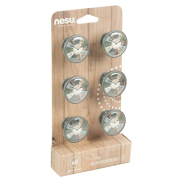 Nesu Pomo para muebles Reloj plateado 6 uds. - 6 ud., Ø x Al: 37 x 26 mm - Este paquete contiene seis pomos para muebles de estilo vintage 'Nesu' con un diseño de reloj, perfectos para personalizar muebles.