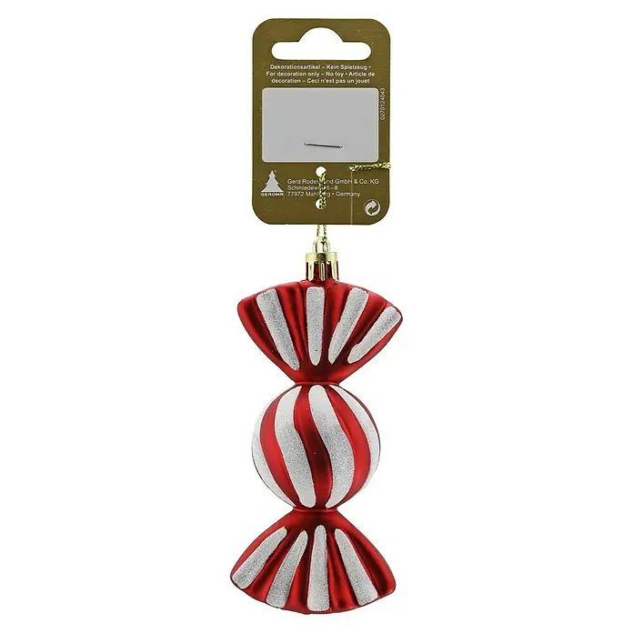 Geroma Deko-Anhänger Candy - Länge: 12 cm, Rot/Weiß, 1 Stk. - Festlicher Christbaumschmuck in Rot und Weiß mit eleganten Glitzerakzenten, ideal für die Weihnachtsdekoration.
