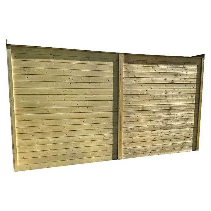 Gerätehaus-Anbau offen - Außenbreite inkl. Dachüberstand: 374 cm, Außentiefe inkl. Dachüberstand: 170 cm, Holz, Natur - Eine hölzerne Gartenzaun-Konstruktion mit horizontalen Brettern bietet Privatsphäre und eine natürliche Ästhetik für jeden Außenbereich.