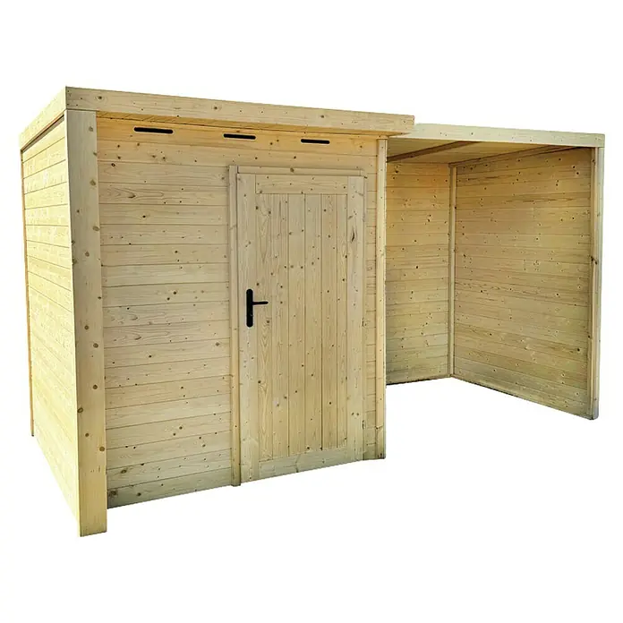 Gerätehaus-Anbau offen - Außenbreite inkl. Dachüberstand: 374 cm, Außentiefe inkl. Dachüberstand: 170 cm, Holz, Natur - Ein helles Holzgartenhaus mit einem Anbau für zusätzlichen Stauraum im Außenbereich.