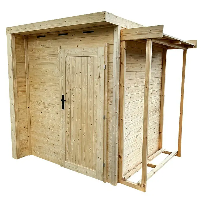 Gerätehaus-Anbau - Außenbreite inkl. Dachüberstand: 243 cm, Außentiefe inkl. Dachüberstand: 170 cm, Holz, Natur - Ein geräumiges Gartenhaus aus Holz mit einer Tür und einem überdachten Anbau. Ideal für die Aufbewahrung von Gartengeräten und Werkzeugen.