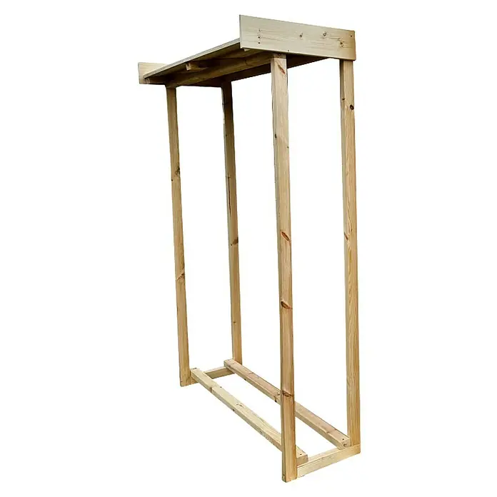 Gerätehaus-Anbau - Außenbreite inkl. Dachüberstand: 243 cm, Außentiefe inkl. Dachüberstand: 170 cm, Holz, Natur - Ein aus hellem Holz gefertigter Holzschuppen mit schützendem Dach, ideal für die trockene Lagerung von Brennholz.