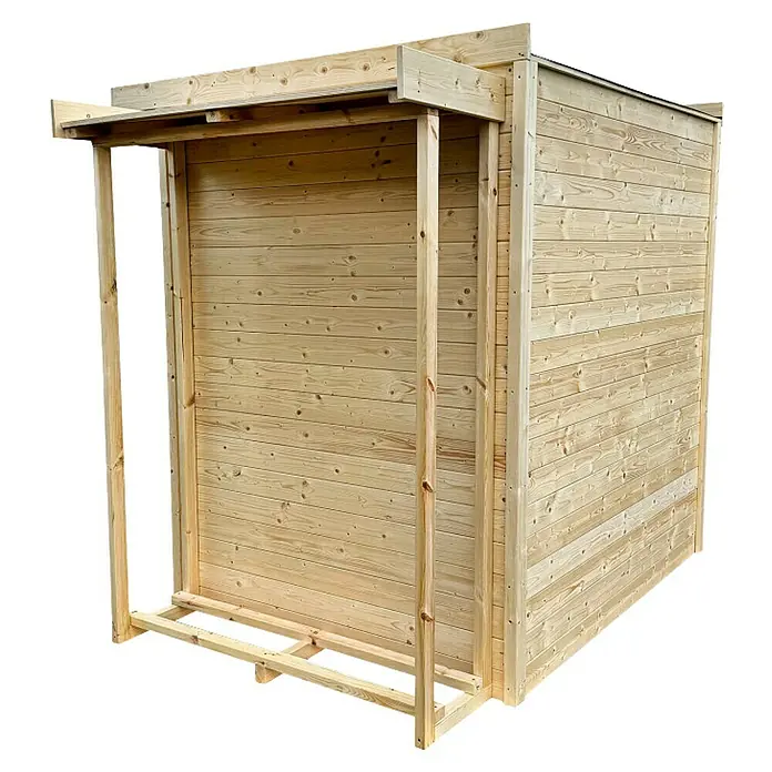 Gerätehaus-Anbau - Außenbreite inkl. Dachüberstand: 243 cm, Außentiefe inkl. Dachüberstand: 170 cm, Holz, Natur - Abbildung eines Holzschuppens. Der Schuppen hat eine natürliche Holzfarbe und ist aus horizontalen Brettern gefertigt.
