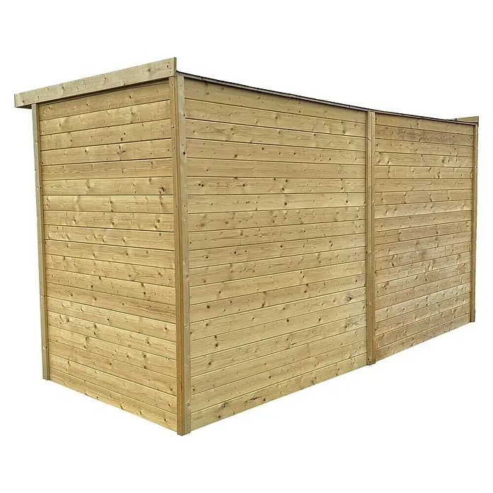 Gerätehaus-Anbau - Außenbreite inkl. Dachüberstand: 374 cm, Außentiefe inkl. Dachüberstand: 170 cm, Holz, Natur - Detailansicht eines Holzschuppens mit horizontaler Verkleidung und leichter Dachneigung, ideal für die Gartenaufbewahrung.