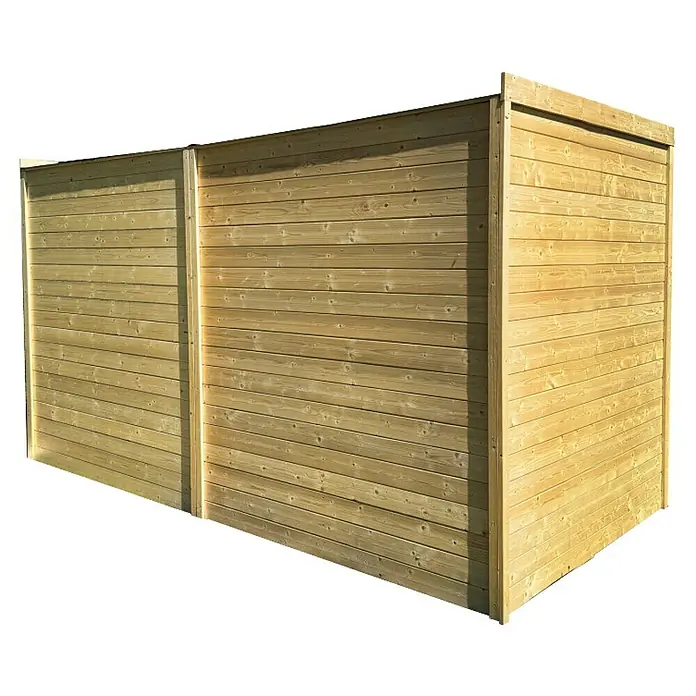 Gerätehaus-Anbau offen - Außenbreite inkl. Dachüberstand: 374 cm, Außentiefe inkl. Dachüberstand: 170 cm, Holz, Natur - Abgebildet ist ein Holzzaun, der aus horizontalen Brettern besteht. Der Zaun hat eine natürliche Holzfarbe und eine klare, rechteckige Form.
