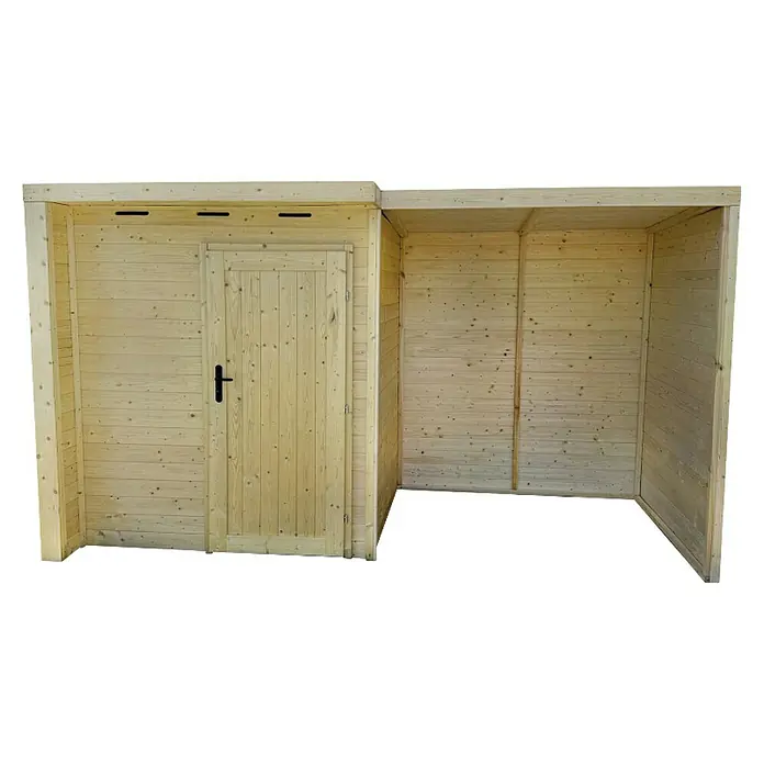 Gerätehaus-Anbau offen - Außenbreite inkl. Dachüberstand: 374 cm, Außentiefe inkl. Dachüberstand: 170 cm, Holz, Natur - Ein Holzschuppen mit einer Tür und einem offenen Unterstandsbereich. Ideal für die Gartenaufbewahrung und als Wetterschutz.