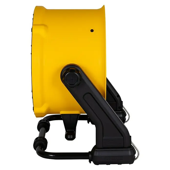 DeWalt Bodenventilator DXF1645 - 110 W, Max. Luftleistung: 49,81 m³/h - Gelbes Arbeitsplatzlicht mit schwarzem Ständer für Baustellen oder Werkstätten, bietet flexible Beleuchtung und ist robust.