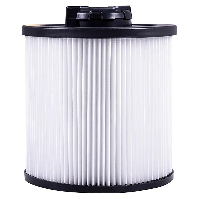 DeWalt Patronenfilter DXVC6910 - 1 Stk. - Ein Luftfilter für Staubsauger mit schwarzem Kunststoffrahmen und weißem Filterpapier. Ideal für saubere Luft und effektives Staubsaugen.