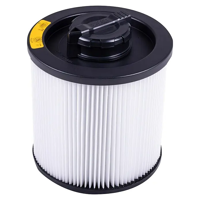 DeWalt Patronenfilter DXVC6910 - 1 Stk. - Hier ist ein runder, weißer Staubsaugerfilter mit schwarzem Deckel. Der Filter dient zur Reinigung und zum Schutz des Staubsaugers.