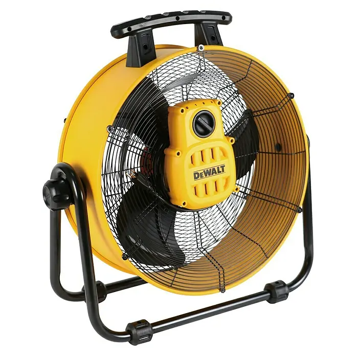 DeWalt Bodenventilator DXF2067 - 110 W, Max. Luftleistung: 102,2 m³/h - Gelber DeWalt-Ventilator mit schwarzem Schutzgitter und verstellbarem Ständer für optimale Luftzirkulation auf Baustellen und in Werkstätten.