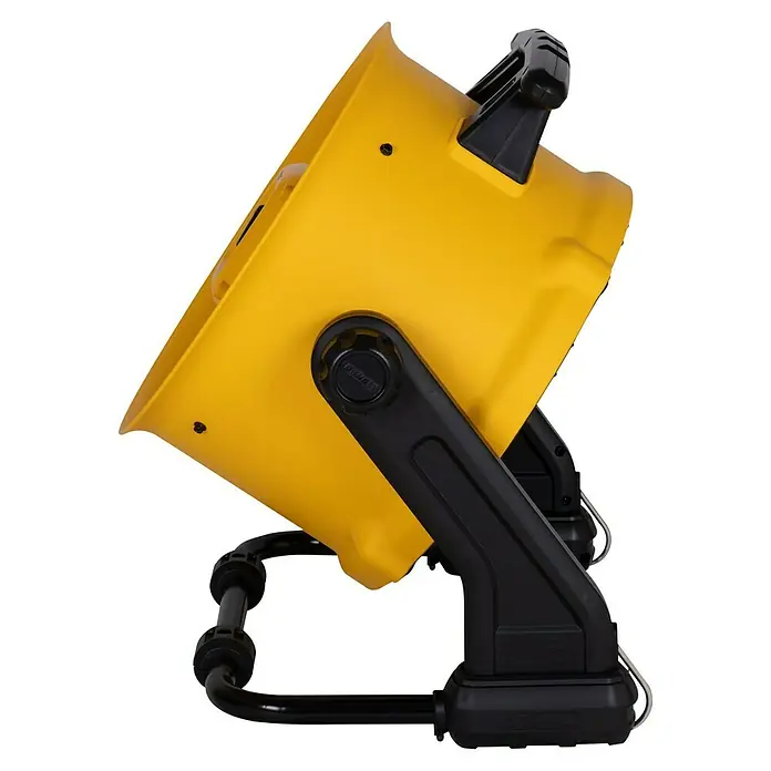 DeWalt Bodenventilator DXF1645 - 110 W, Max. Luftleistung: 49,81 m³/h - Abbildung einer gelben DeWalt Arbeitsleuchte mit schwarzem Gestell. Die Leuchte ist robust und für den Einsatz auf Baustellen konzipiert.