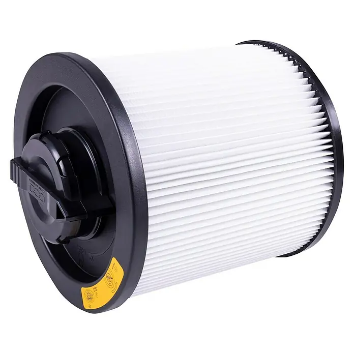 DeWalt Patronenfilter DXVC6910 - 1 Stk. - Ein runder Staubsaugerfilter mit Falten und einem schwarzen Kunststoffrahmen. Für eine optimale Saugkraft des Gerätes.