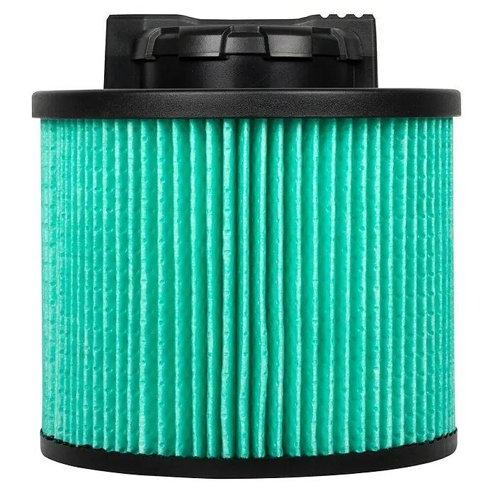 DeWalt HEPA-Filter DXVC4003 - Passend für: Nass-Trockensauger DXV04T, DXV05P, DXV05S, DXV08S, DXV06G - Nahaufnahme eines grünen Luftfilters mit schwarzen Endkappen, ideal für die Wartung von Verbrennungsmotoren.