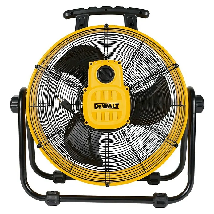 DeWalt Bodenventilator DXF2067 - 110 W, Max. Luftleistung: 102,2 m³/h - Ein DeWalt-Ventilator in Gelb und Schwarz mit einem robusten Metallrahmen, ideal für Werkstätten und Baustellen.