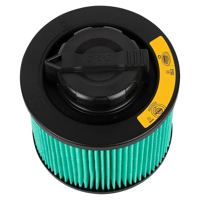 DeWalt HEPA-Filter DXVC4003 - Passend für: Nass-Trockensauger DXV04T, DXV05P, DXV05S, DXV08S, DXV06G - Detailaufnahme eines Luftfilters mit grünen Lamellen und schwarzem Gehäuse, der eine effiziente Filterung gewährleistet.
