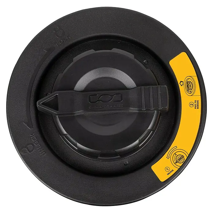 DeWalt HEPA-Filter DXVC4003 - Passend für: Nass-Trockensauger DXV04T, DXV05P, DXV05S, DXV08S, DXV06G - Schwarzer Reinigungsmittel-Kanisterdeckel mit gelben Anweisungsaufklebern zum Öffnen und Entfernen des Deckels.