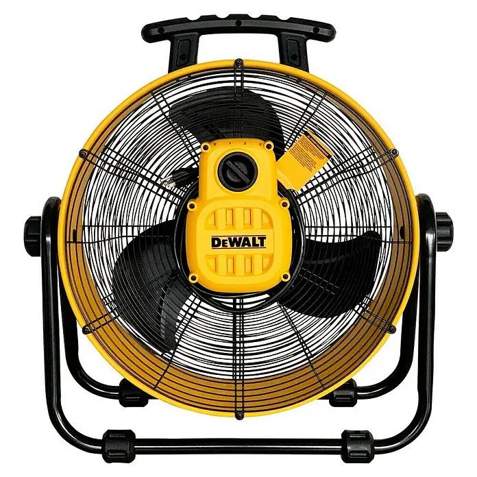 DeWalt Bodenventilator DXF2067 - 110 W, Max. Luftleistung: 102,2 m³/h - Gelber und schwarzer DeWALT-Ventilator mit robustem Metallgehäuse und praktischem Tragegriff. Ideal für Baustellen und Werkstätten.