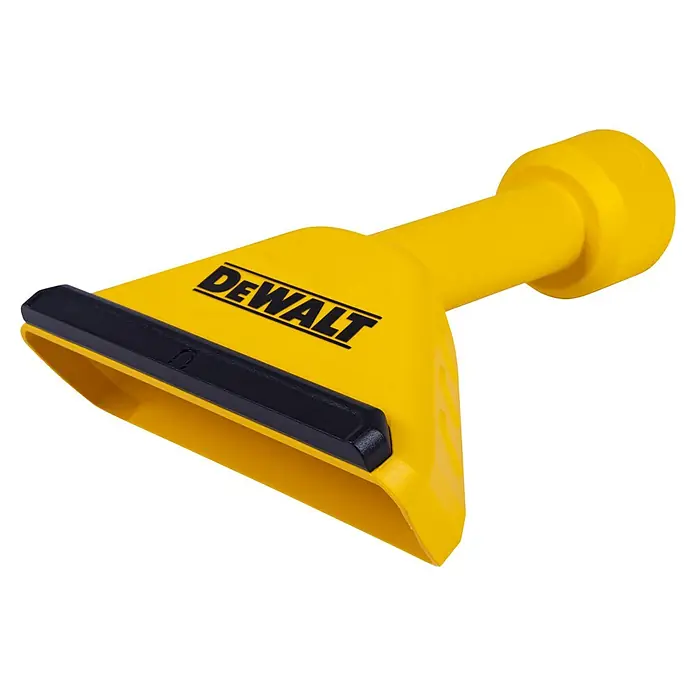 DeWalt Bodendüse DXVA00-1501E - 1 Stk. - Abgebildet ist ein gelbes DEWALT-Werkzeugzubehör, das eine Düse mit einer Griffbefestigung kombiniert. Ideal für Staubsauger.