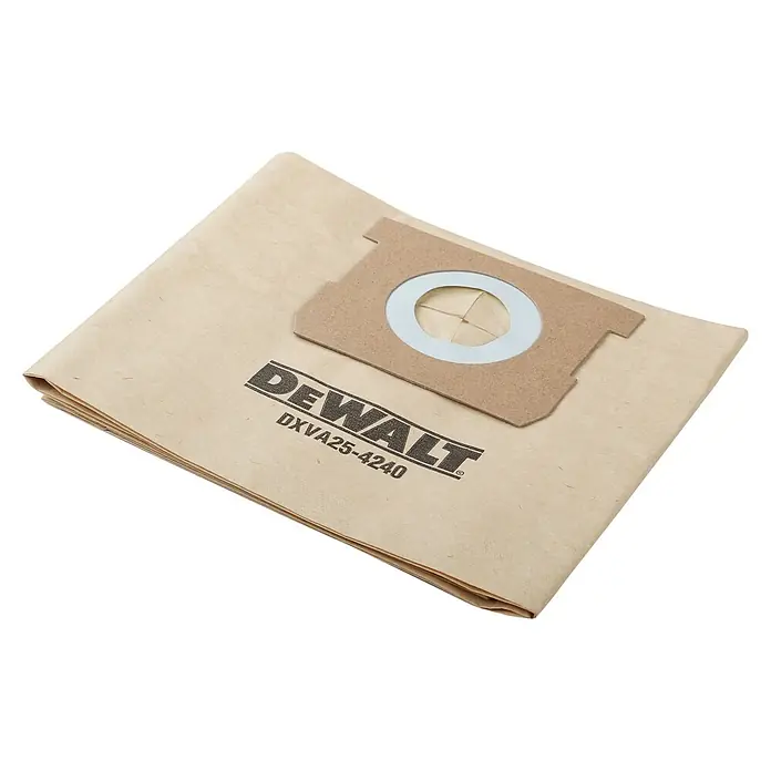 DeWalt Staubbeutel-Set DXVA25-4240 - 3 Stk. - Das Bild zeigt eine Packung DeWalt DXVA25-4240 Staubsaugerbeutel, die für eine effiziente Staubfiltration und einfache Entsorgung konzipiert sind.