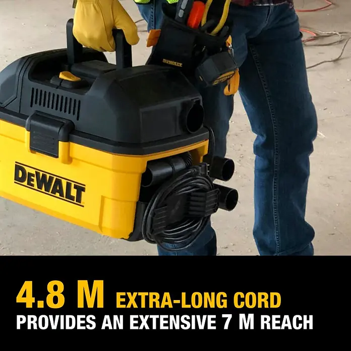 DeWalt Elektro-Nass- & Trockensauger DXV15T - 1.100 W, Behältervolumen: 15 l, Filterreinigung: Vollautomatisch - Der gelbe Dewalt Nass-Trockensauger hat ein 4,8 m langes Kabel, das eine Reichweite von 7 m bietet.