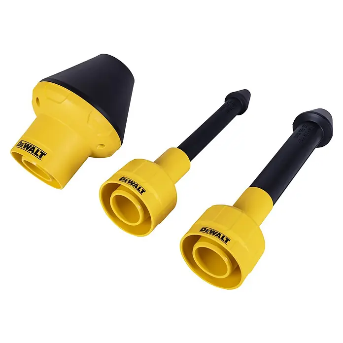 DeWalt Zubehör-Set DXVA00-0301E - 3 -tlg. - Abbildung von drei DeWalt-Staubsaugeraufsätzen in Gelb und Schwarz, die das Zubehör für die Staubsaugermontage zeigen.