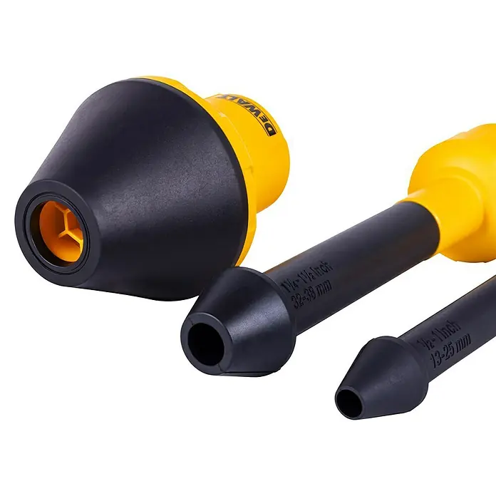 DeWalt Zubehör-Set DXVA00-0301E - 3 -tlg. - Ein gelbes und schwarzes DeWalt Produkt, möglicherweise Bohrerzubehör, liegt auf einer schwarzen Oberfläche.