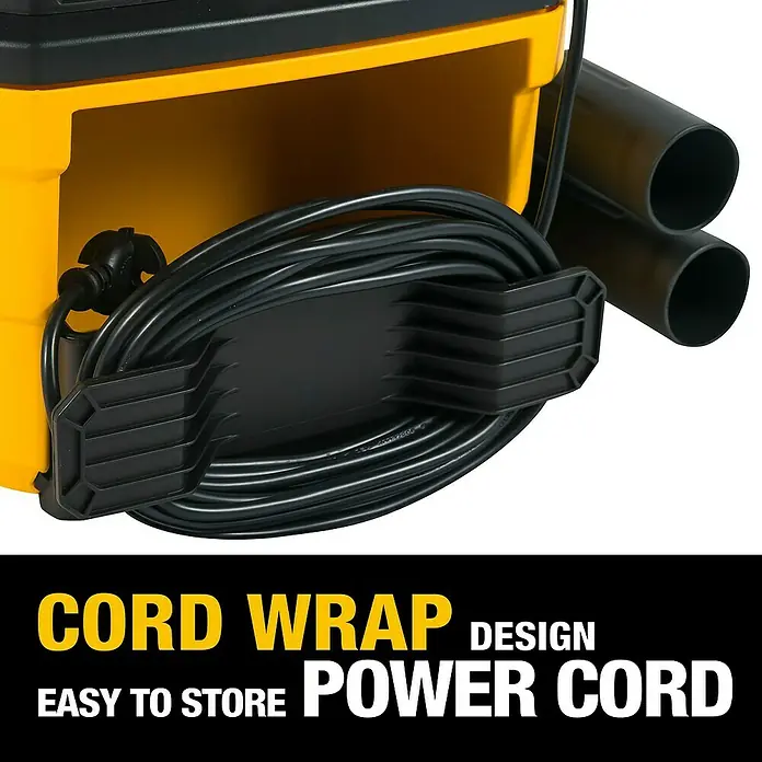 DeWalt Elektro-Nass- & Trockensauger DXV15T - 1.100 W, Behältervolumen: 15 l, Filterreinigung: Vollautomatisch - Detailaufnahme des gelben Staubsaugers mit Kabelaufwicklung. Praktische Lösung zur Aufbewahrung des Stromkabels.