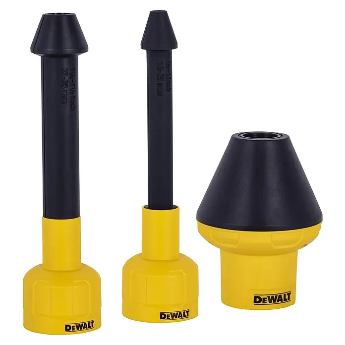 DeWalt Zubehör-Set DXVA00-0301E - 3 -tlg. - Das Bild zeigt ein Set von drei gelb-schwarzen DeWalt-Adaptern für Bauarbeiten in verschiedenen Größen, die auf einem dunklen Hintergrund stehen.