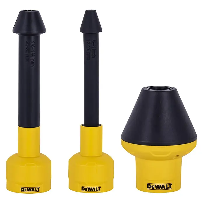 DeWalt Zubehör-Set DXVA00-0301E - 3 -tlg. - Das Bild zeigt ein Set von DeWalt Bohrlochstärkenadaptern in Gelb und Schwarz. Die Adapter sind für verschiedene Bohrlochgrößen geeignet.