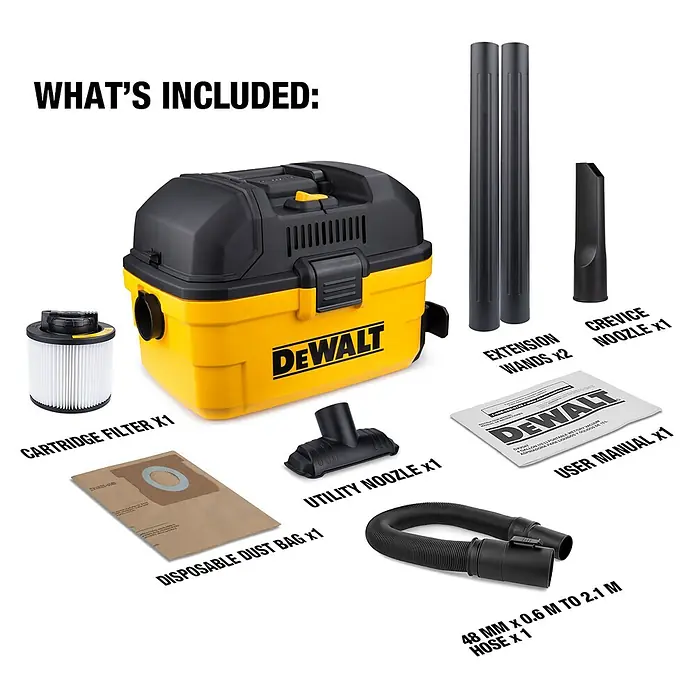 DeWalt Elektro-Nass- & Trockensauger DXV15T - 1.100 W, Behältervolumen: 15 l, Filterreinigung: Vollautomatisch - Das Bild zeigt das Zubehör des gelb-schwarzen DeWalt Nass- und Trockensaugers, inklusive Düsen, Filter, Verlängerungsrohre und Bedienungsanleitung.