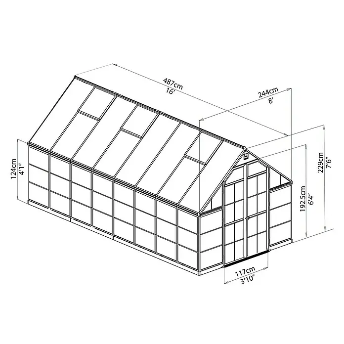 Palram – Canopia Gewächshaus Balance - Außenmaß inkl. Dachüberstand (B x T): 244 x 487 cm, 0,7 mm, Silber - Perspektivische Zeichnung eines Gewächshauses mit Maßangaben zu Länge, Breite und Höhe in Zentimetern und Fuß.