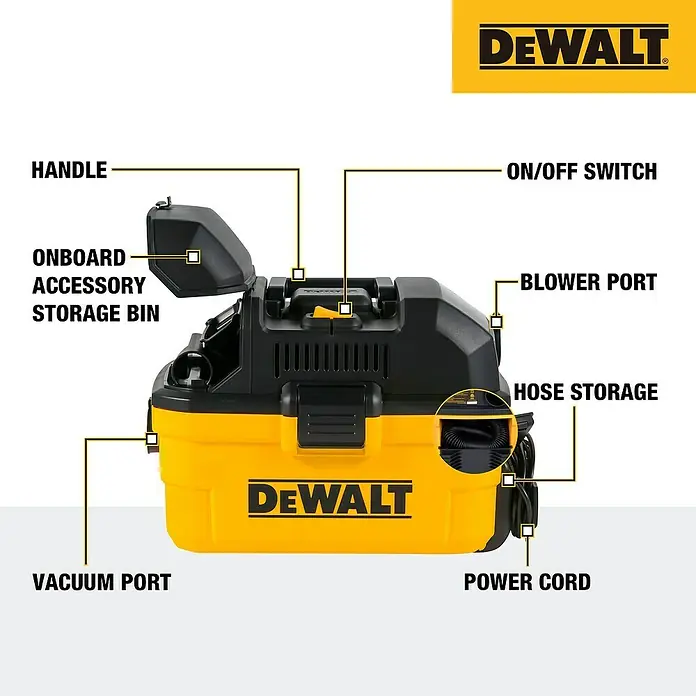 DeWalt Elektro-Nass- & Trockensauger DXV15T - 1.100 W, Behältervolumen: 15 l, Filterreinigung: Vollautomatisch - Das Bild zeigt einen gelb-schwarzen DEWALT Staubsauger mit Zubehörfächern, Ein-/Ausschalter und Blasöffnung. Stromkabel und Schlauchaufbewahrung inklusive.