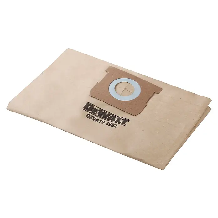 DeWalt Staubbeutel-Set DXVA19-4202 - Passend für: Staubsauger 45-61 l - Nahaufnahme eines DeWalt DXVA19-4202 Staubsaugerbeutels, der mit einer Einfassung und dem Firmenlogo versehen ist.