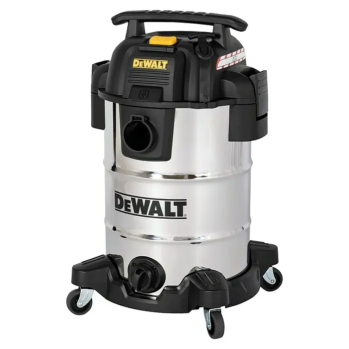 DeWalt Elektro-Nass- & Trockensauger DXV30SAPTA - 1.050 W, Behältervolumen: 30 l, Filterreinigung: Vollautomatisch - Das Bild zeigt einen DeWalt Staubsauger aus Edelstahl mit schwarzem Kunststofffuß und Oberteil, ideal für Werkstatt und Baustelle.