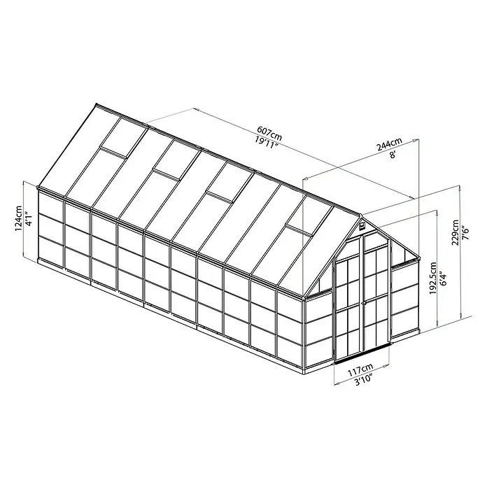 Palram – Canopia Gewächshaus Balance - Außenmaß inkl. Dachüberstand (B x T): 244 x 607 cm, 0,7 mm, Silber - Abbildung eines Gewächshauses mit Maßangaben zu Länge, Höhe und Breite in Zentimetern und Fuß.